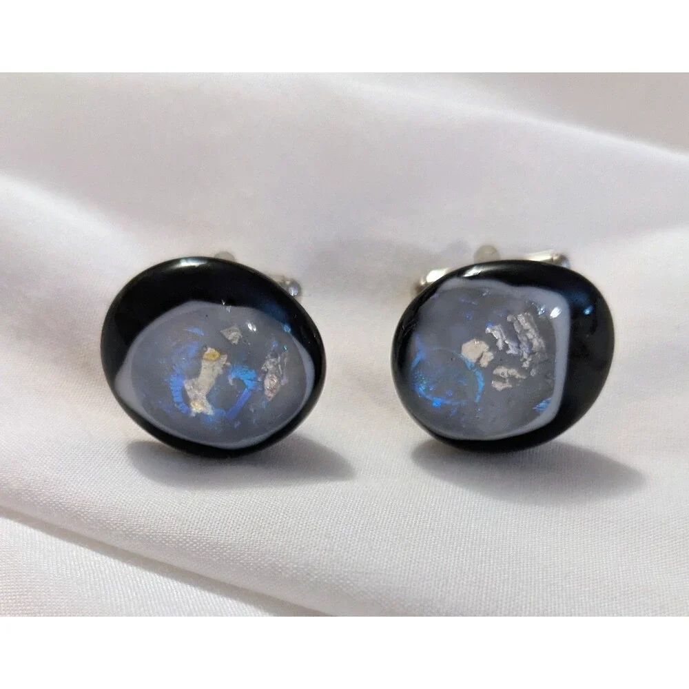 Fused Glass Men's Cufflinks Black & White Unique Pearly Opalescent Design